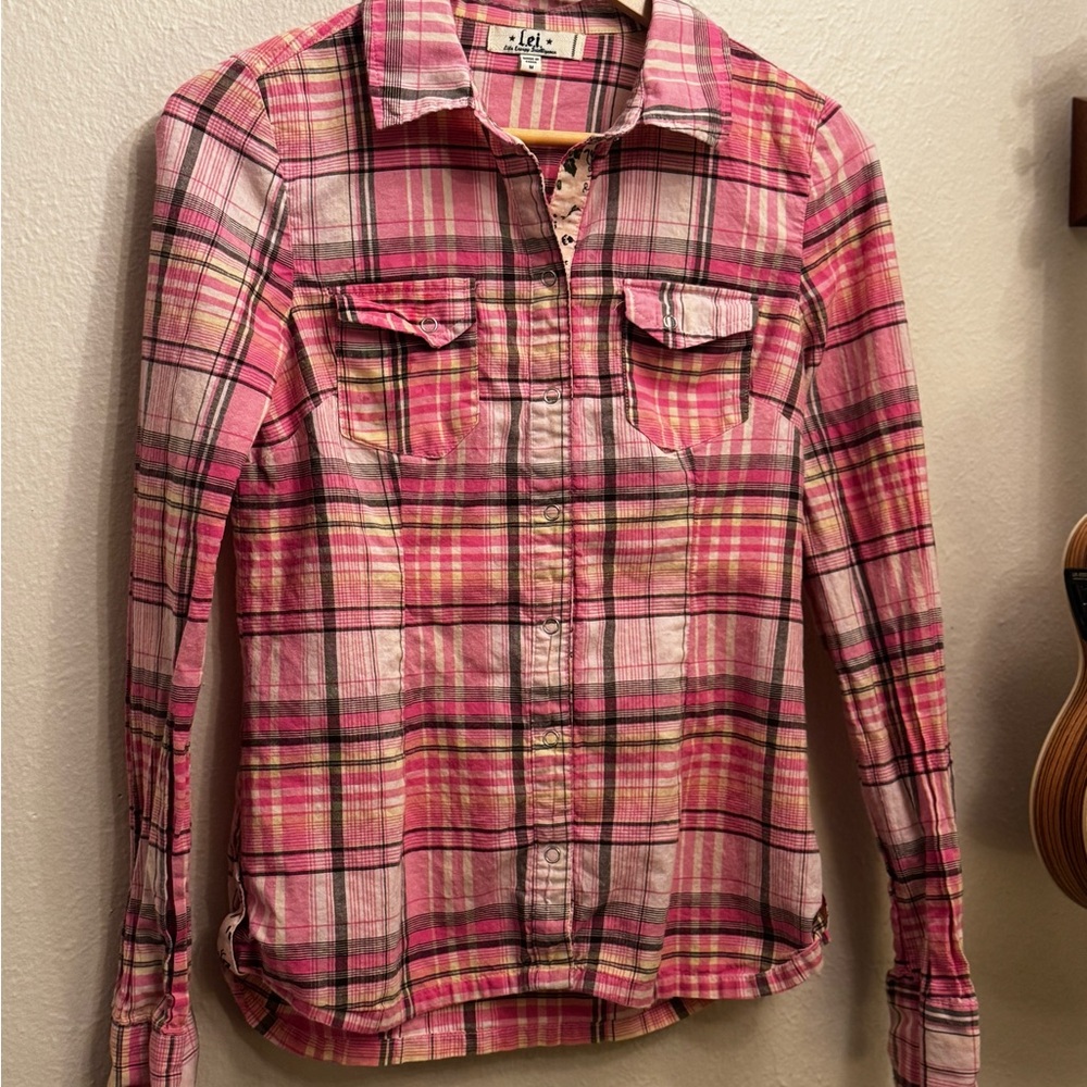 Lei Pink and Cream Plaid Shirt